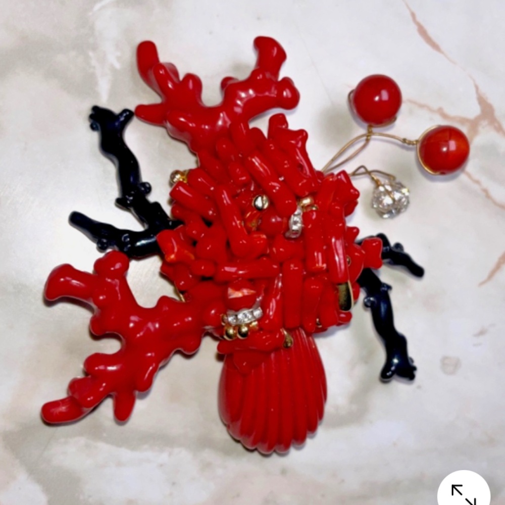 Vintage Red Beaded Brooch Abstract Design Coral Organic Pin